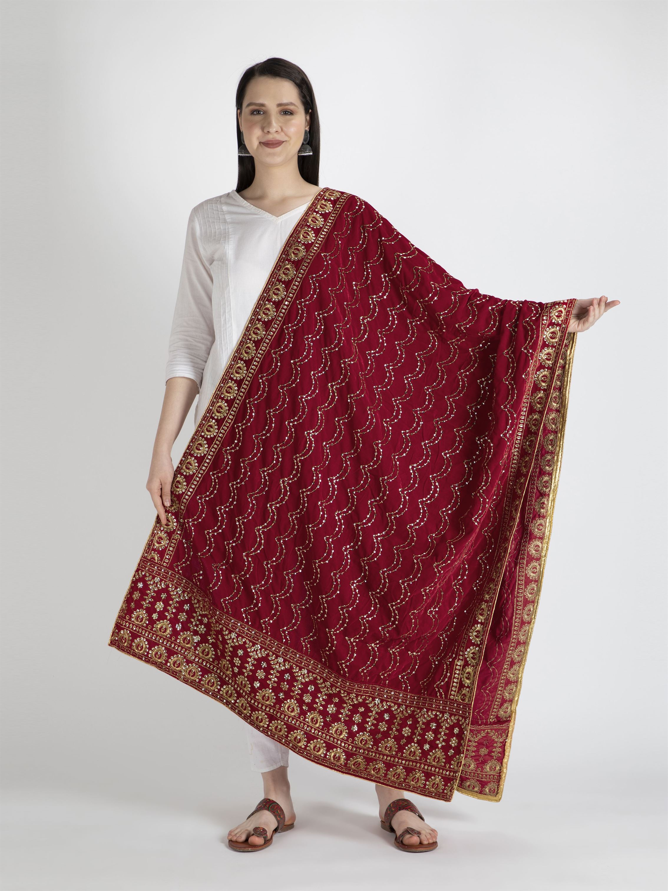 red embroidered velvet dupatta-MCRCVD7153-1