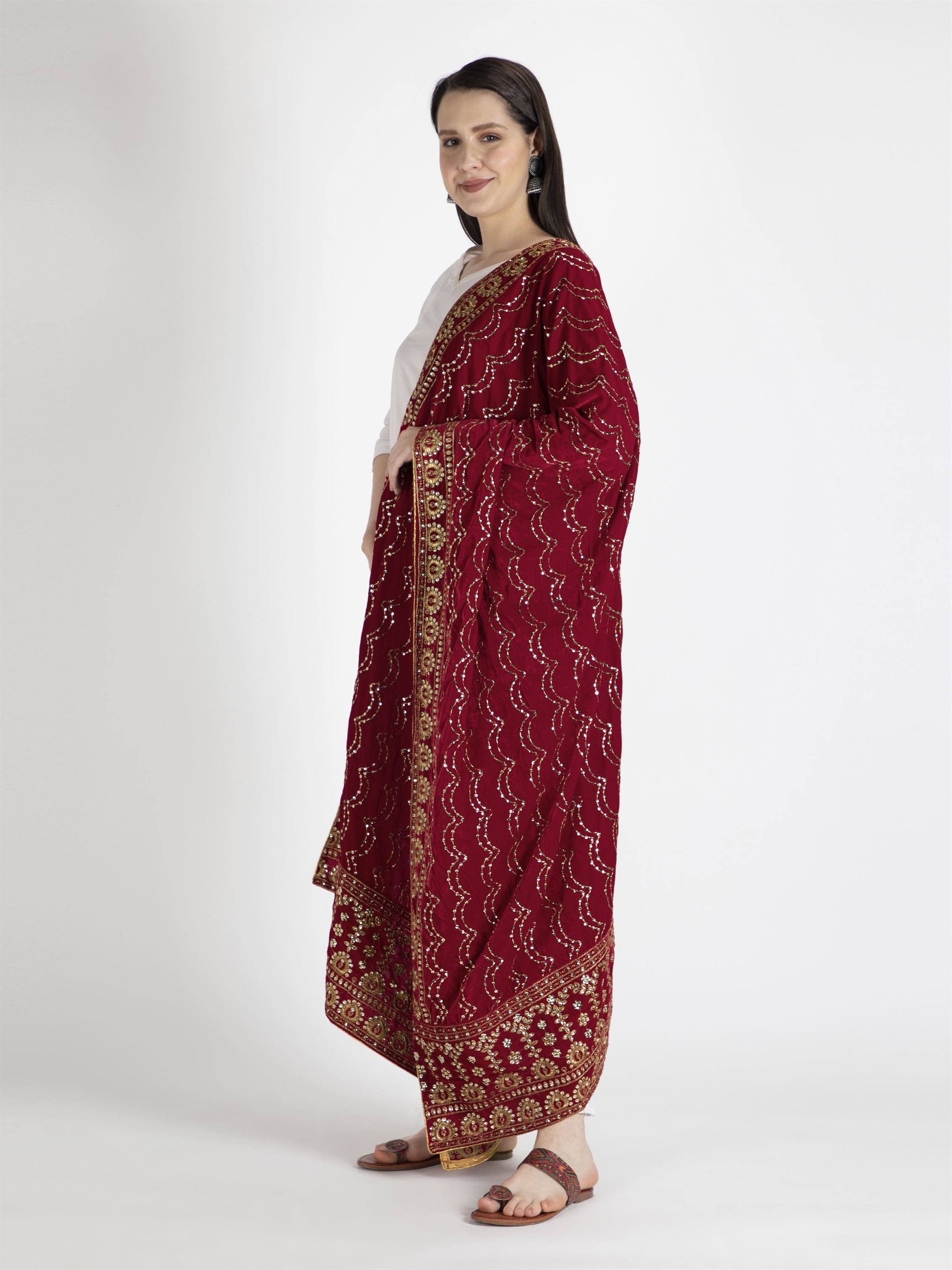 red embroidered velvet dupatta-MCRCVD7153-2