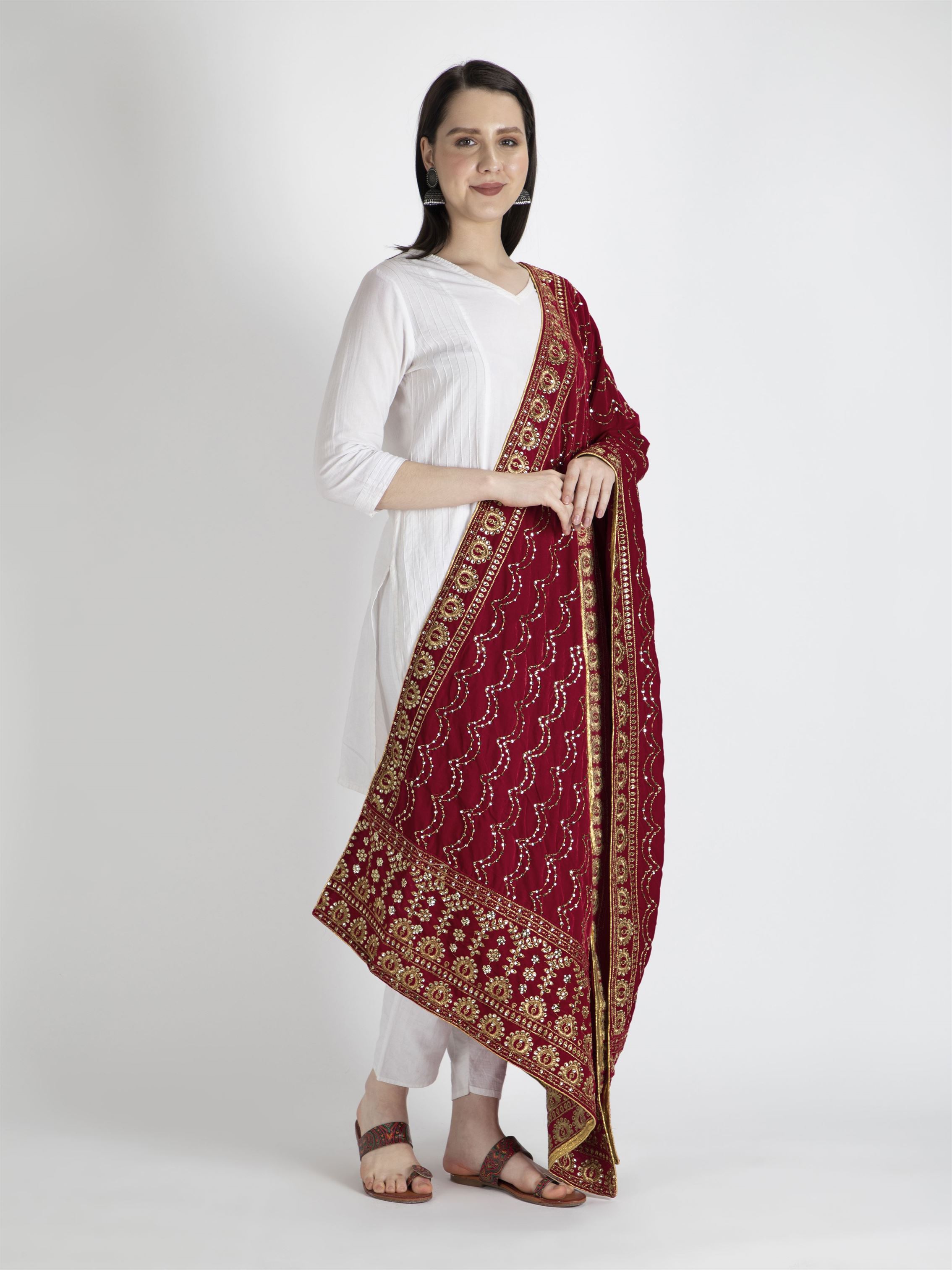 red embroidered velvet dupatta-MCRCVD7153-3