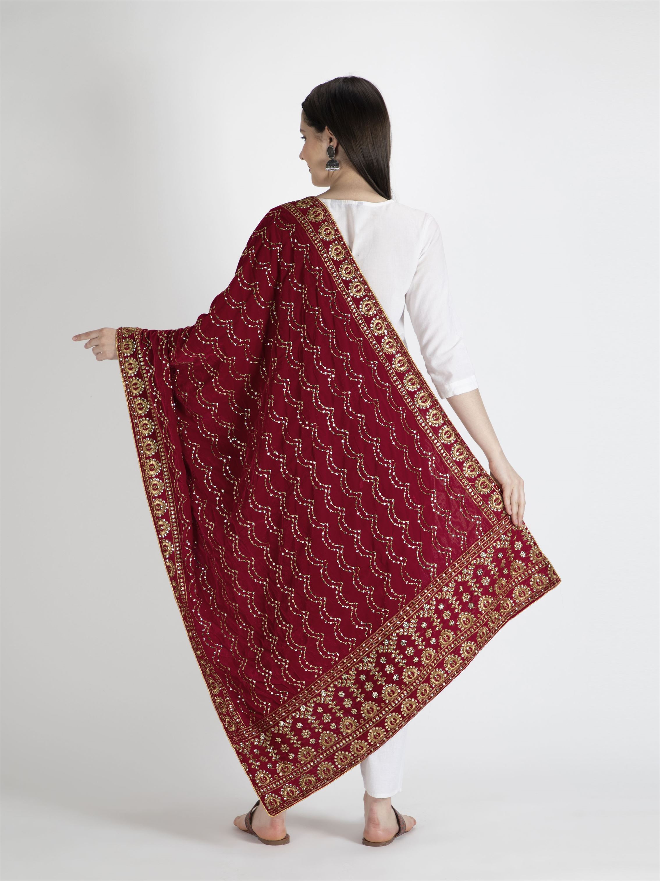 red embroidered velvet dupatta-MCRCVD7153-4