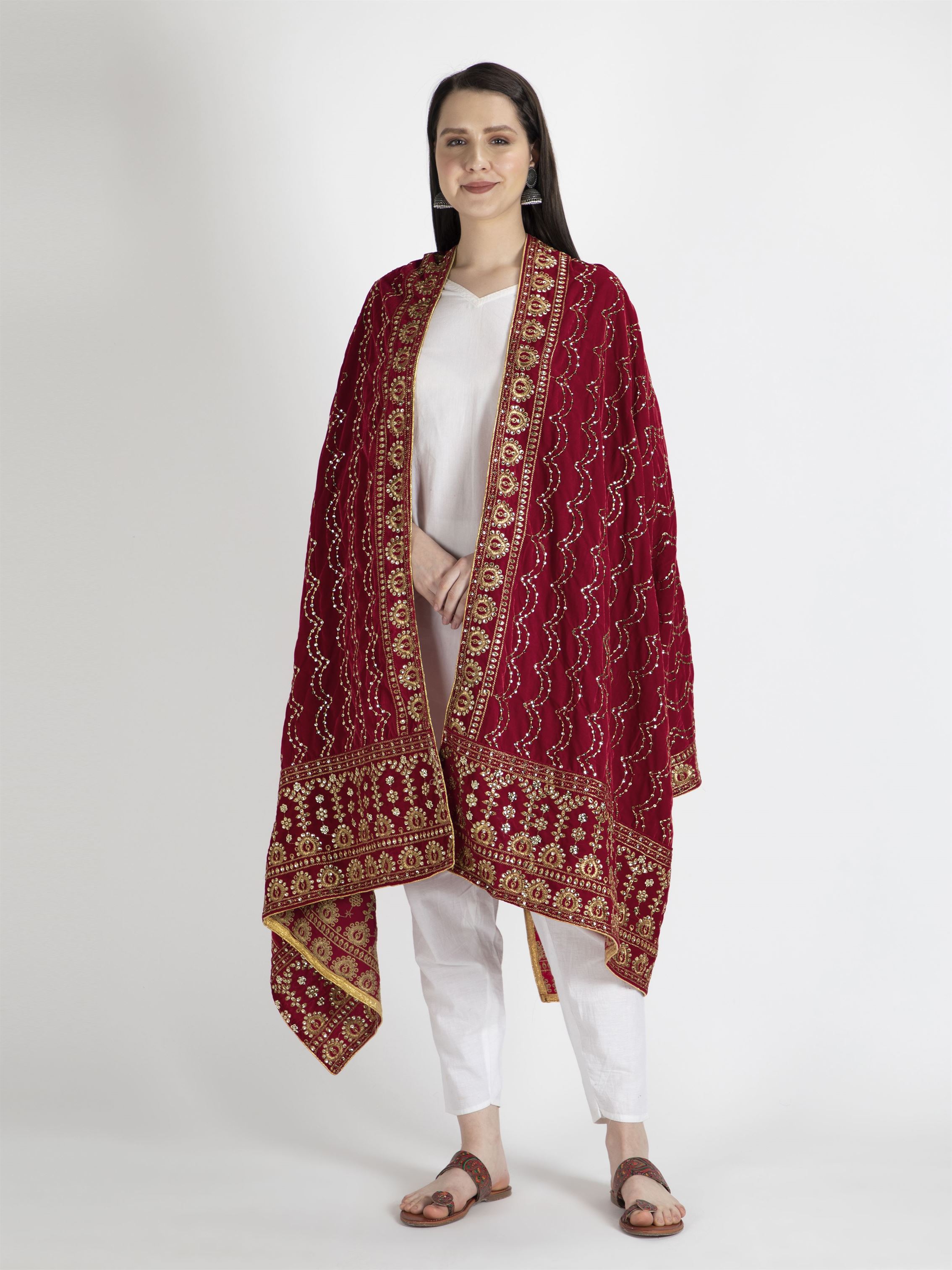 red embroidered velvet dupatta-MCRCVD7153-5