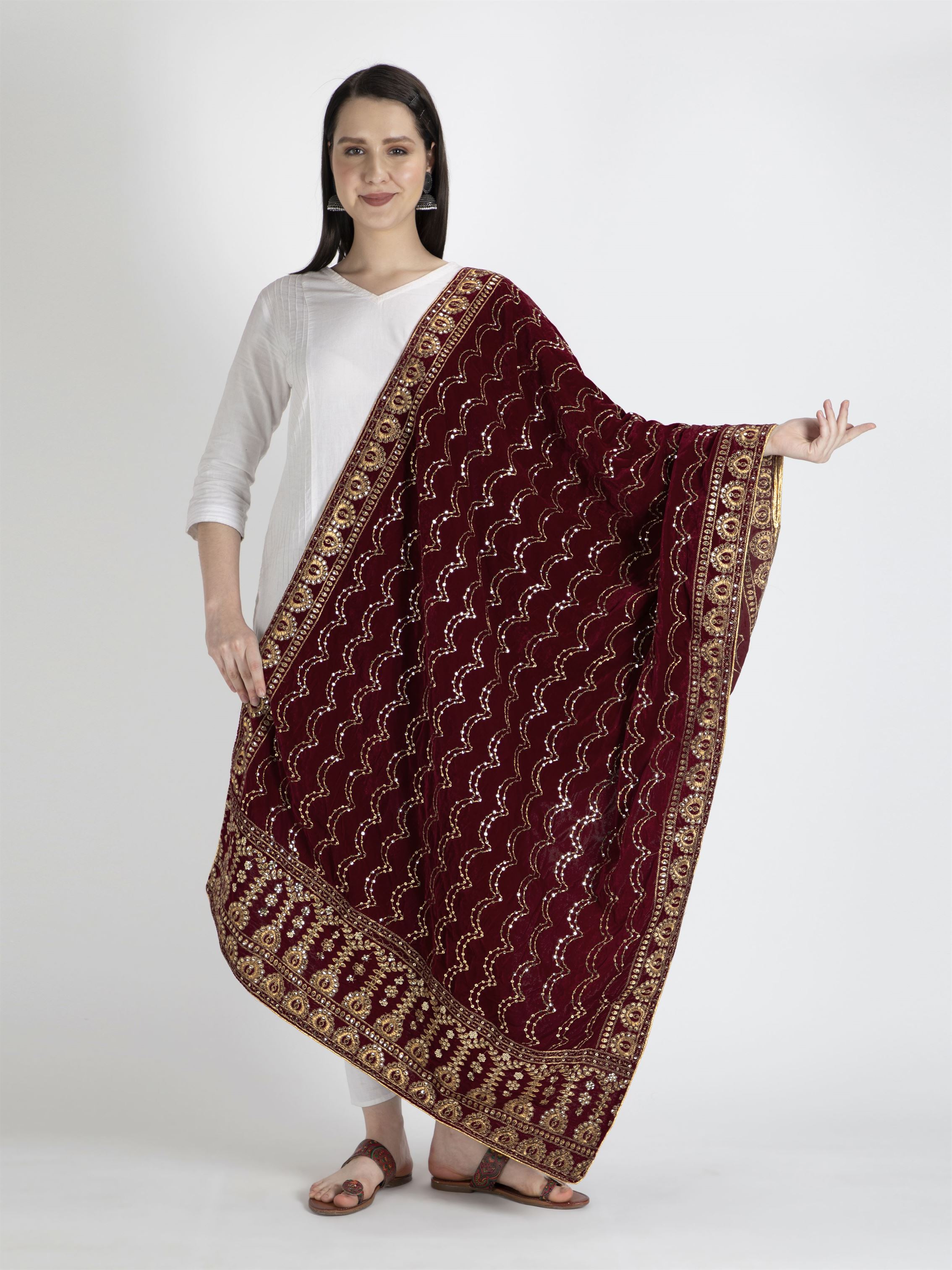 maroon embroidered velvet dupatta-MCRCVD7154-1