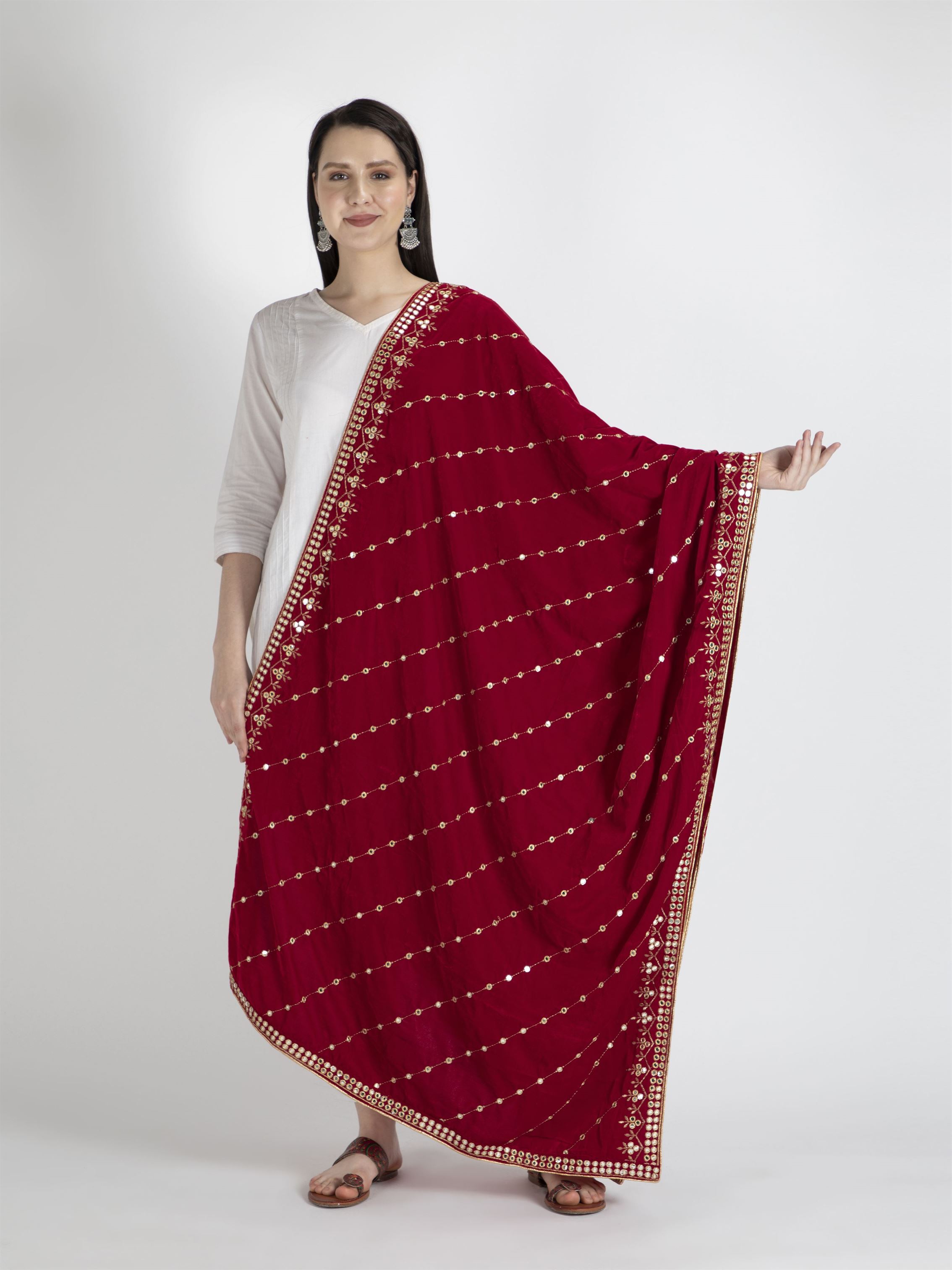 red embroidered velvet dupatta-MCRCVD7163-1