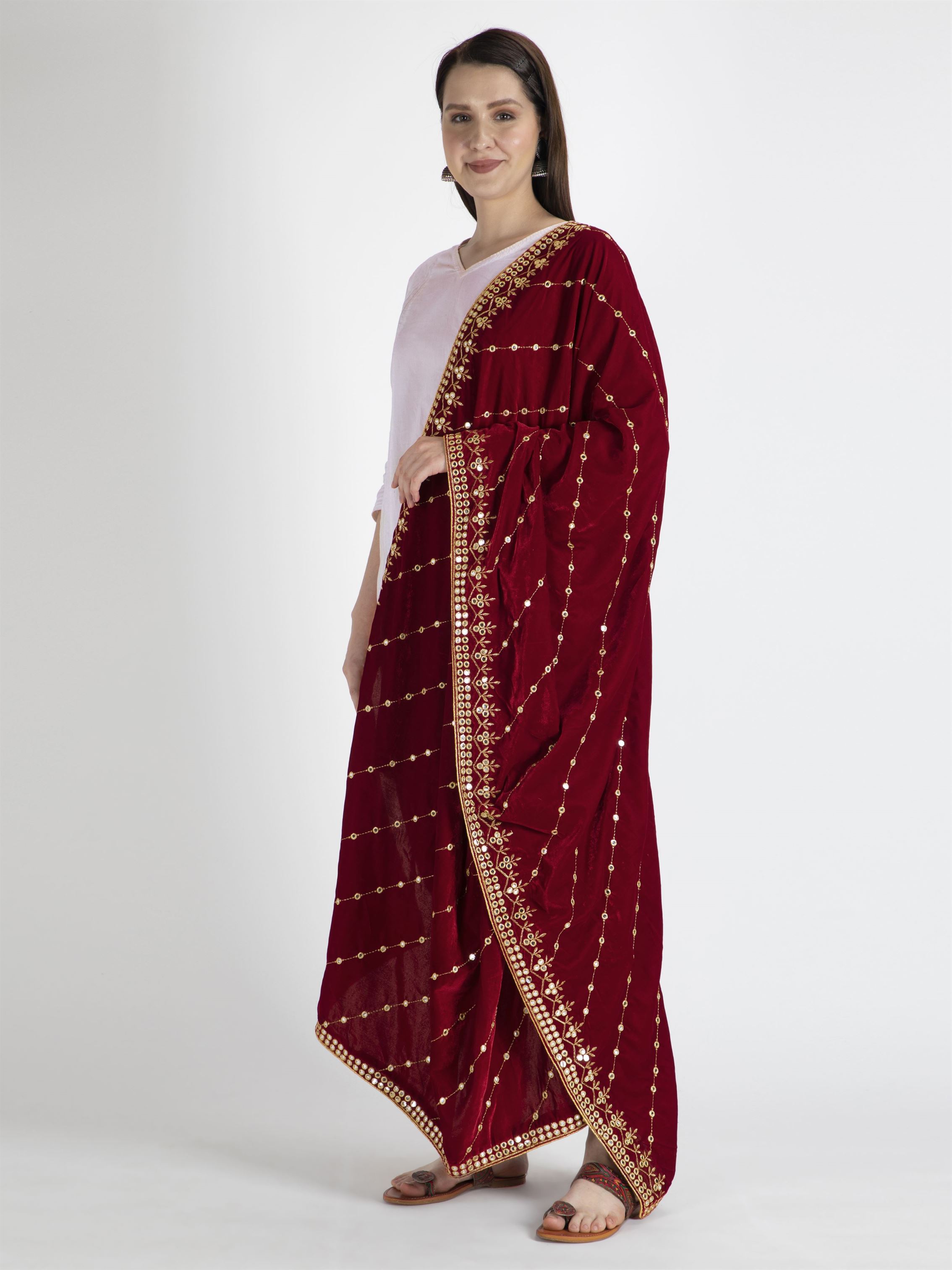 maroon embroidered velvet dupatta-MCRCVD7164-2