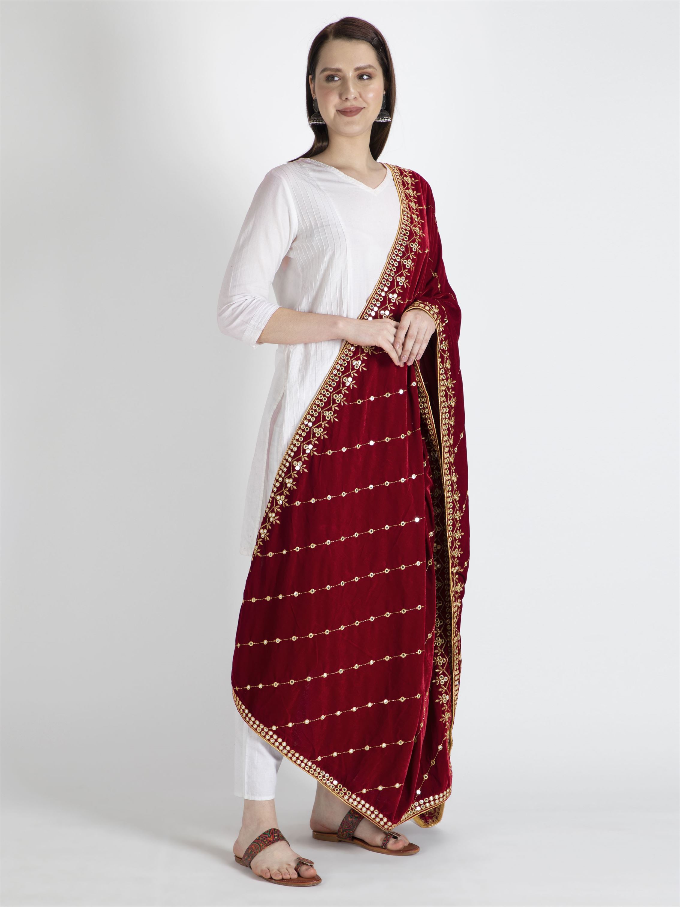 maroon embroidered velvet dupatta-MCRCVD7164-3