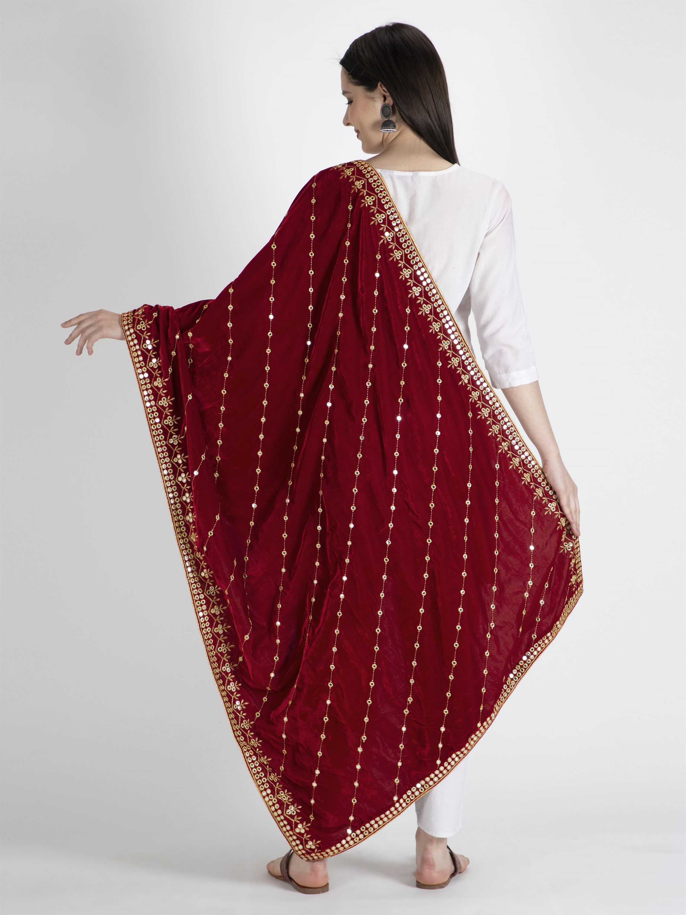 maroon embroidered velvet dupatta-MCRCVD7164-4