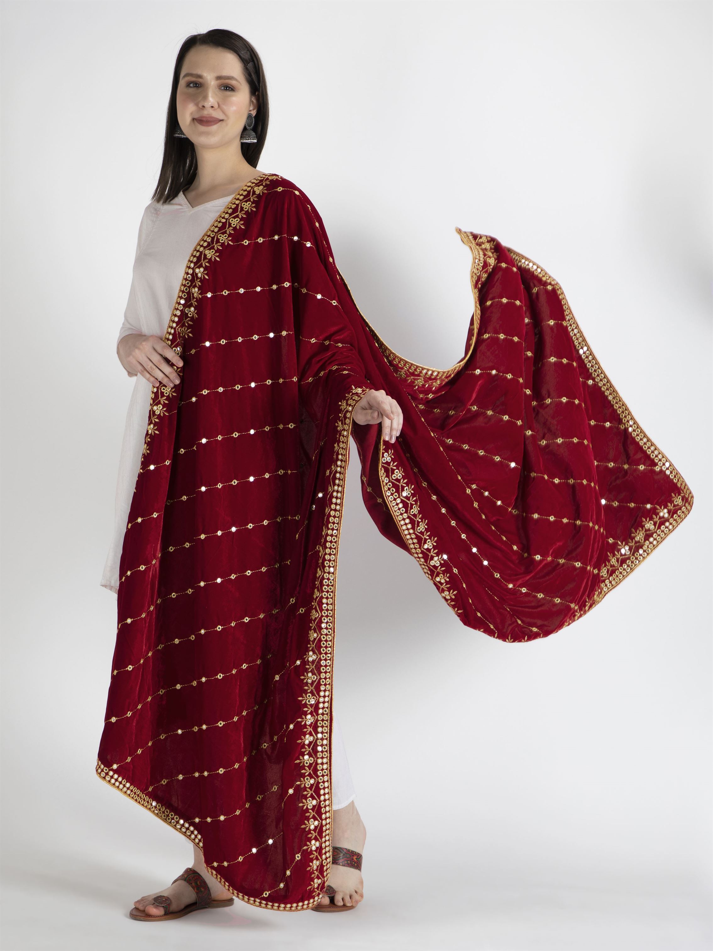 maroon embroidered velvet dupatta-MCRCVD7164-5