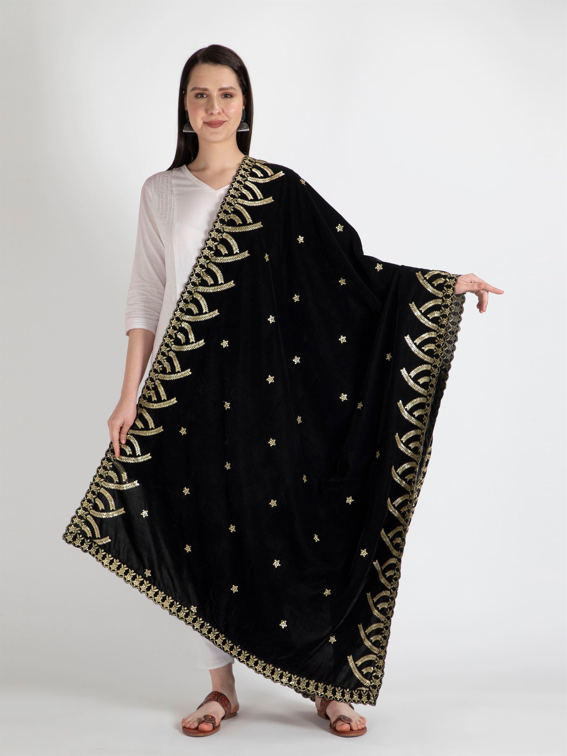 black embroidered velvet dupatta-MCRCVD7171-1