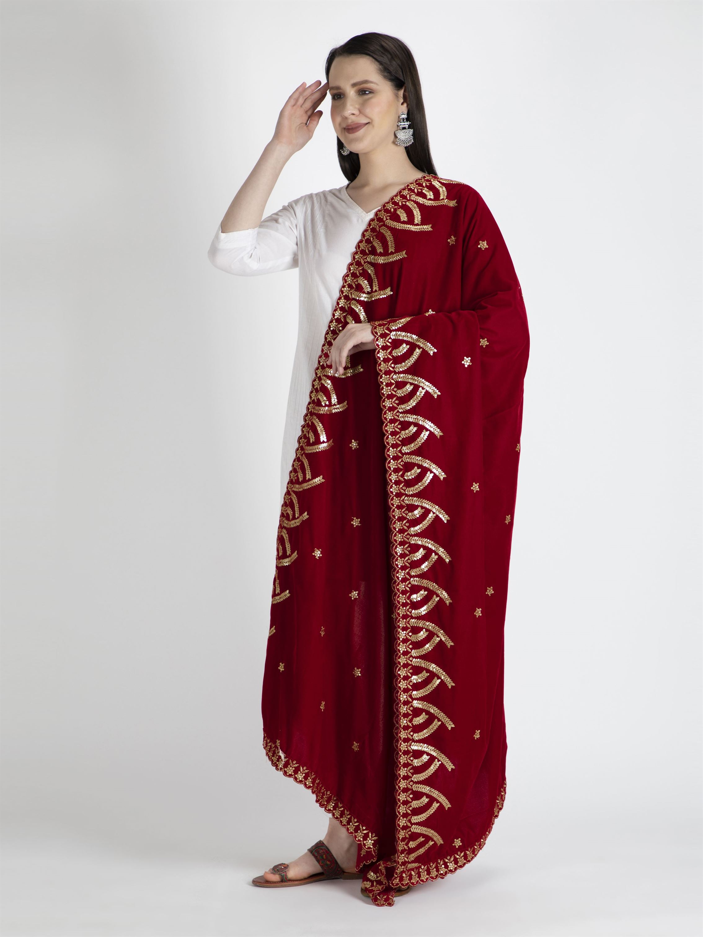 red embroidered velvet dupatta-MCRCVD7173-2