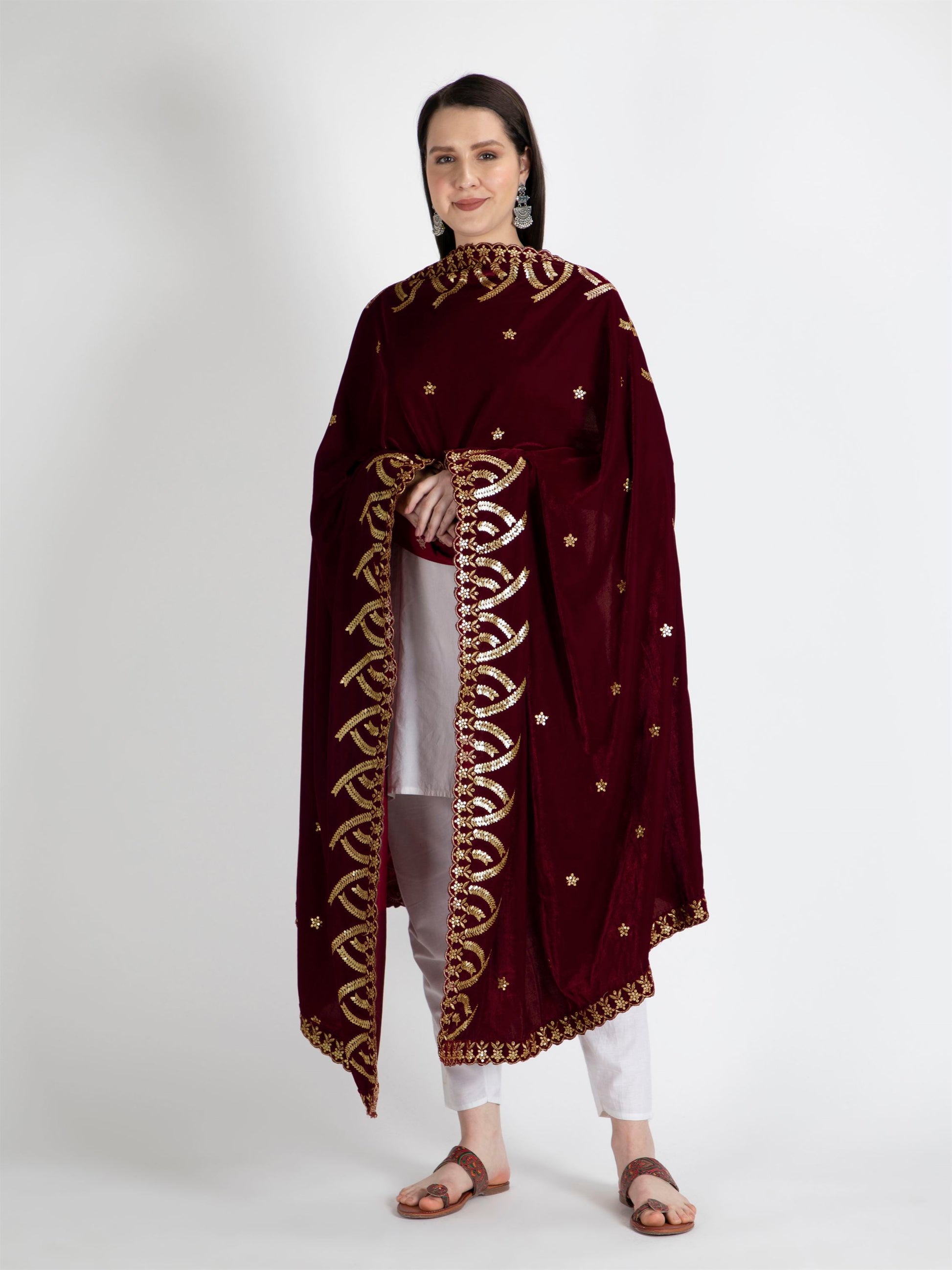 maroon embroidered velvet dupatta-MCRCVD7174-5