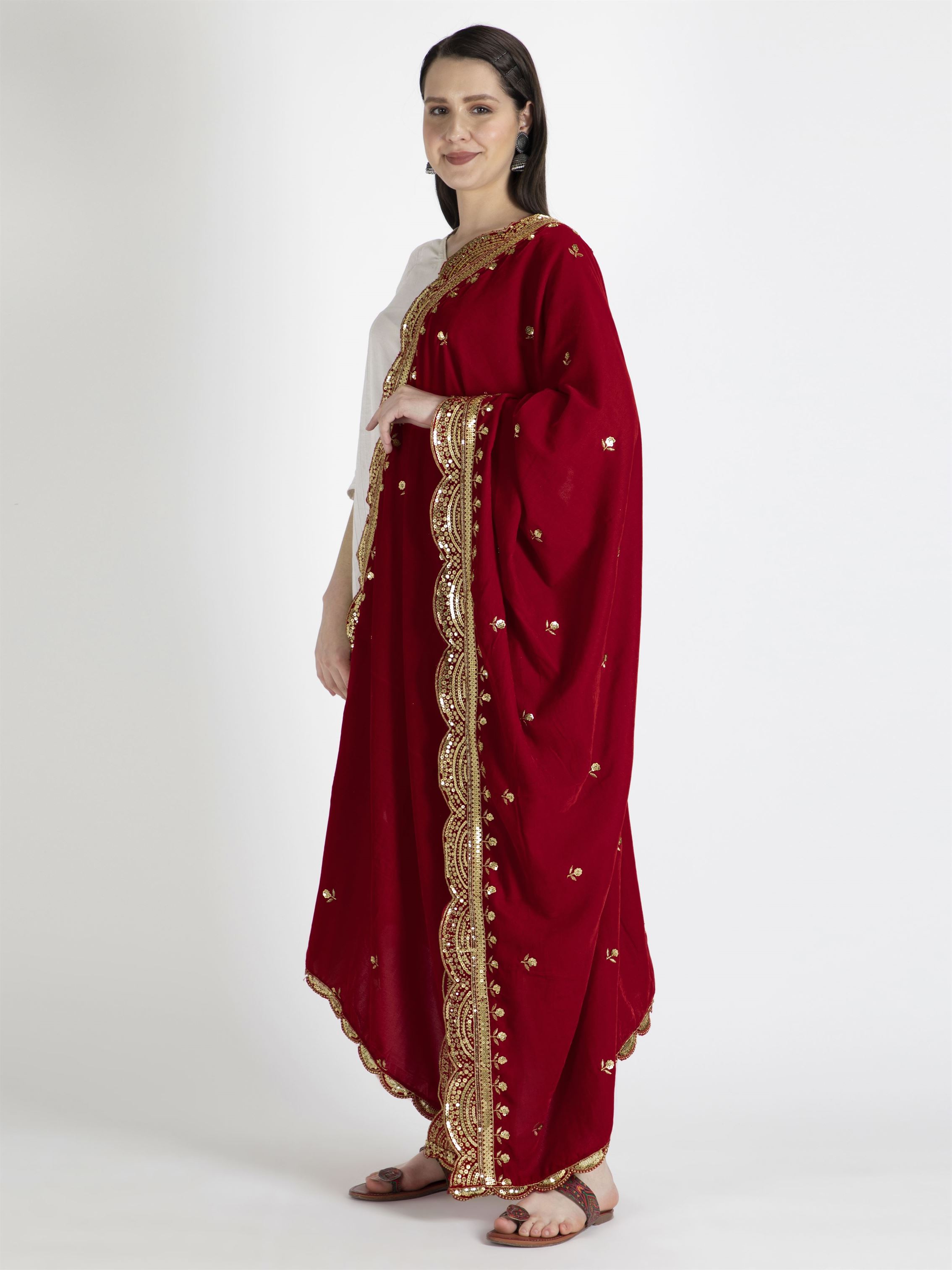 red embroidered velvet dupatta-MCRCVD7183-2