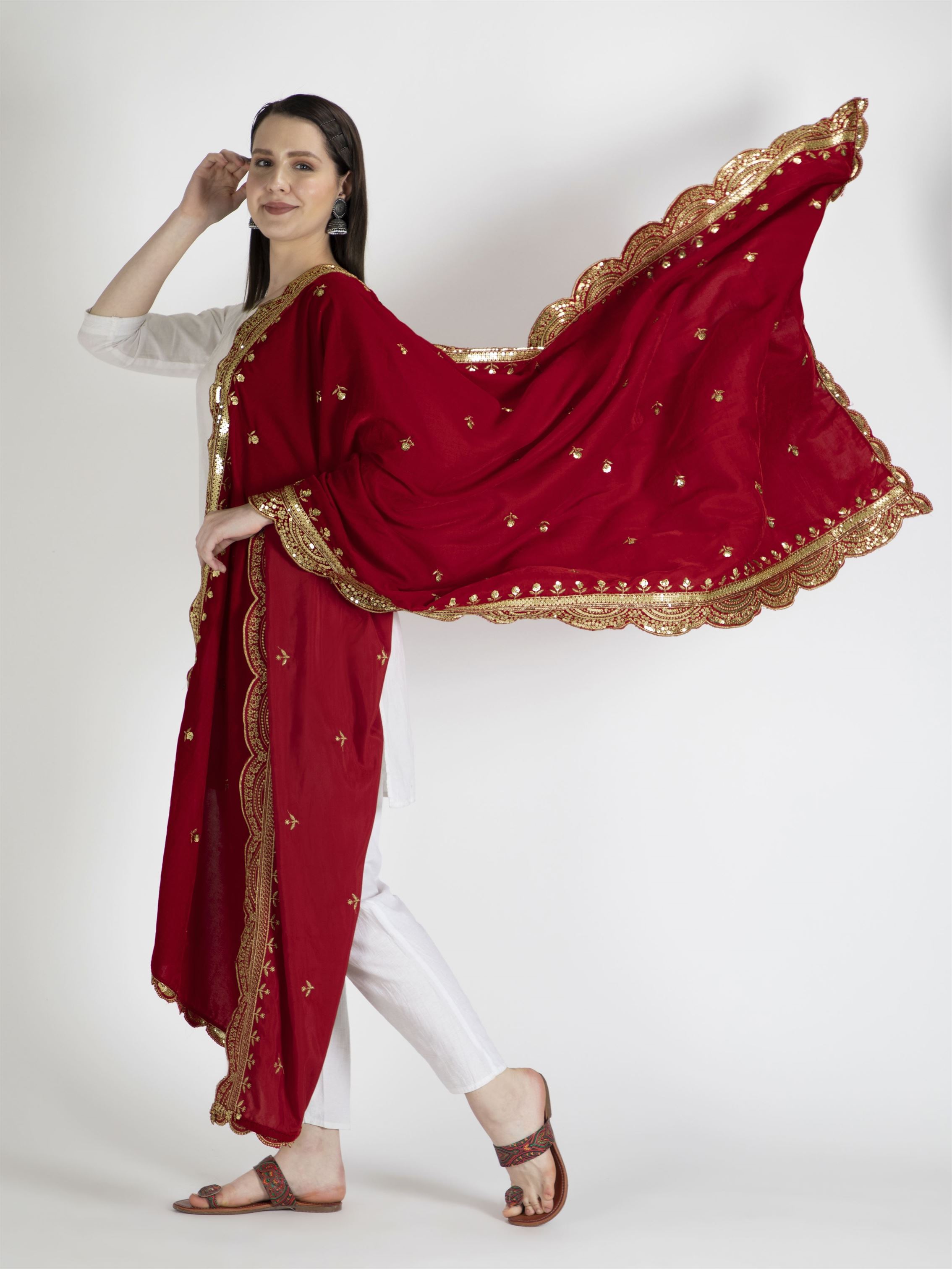 red embroidered velvet dupatta-MCRCVD7183-4