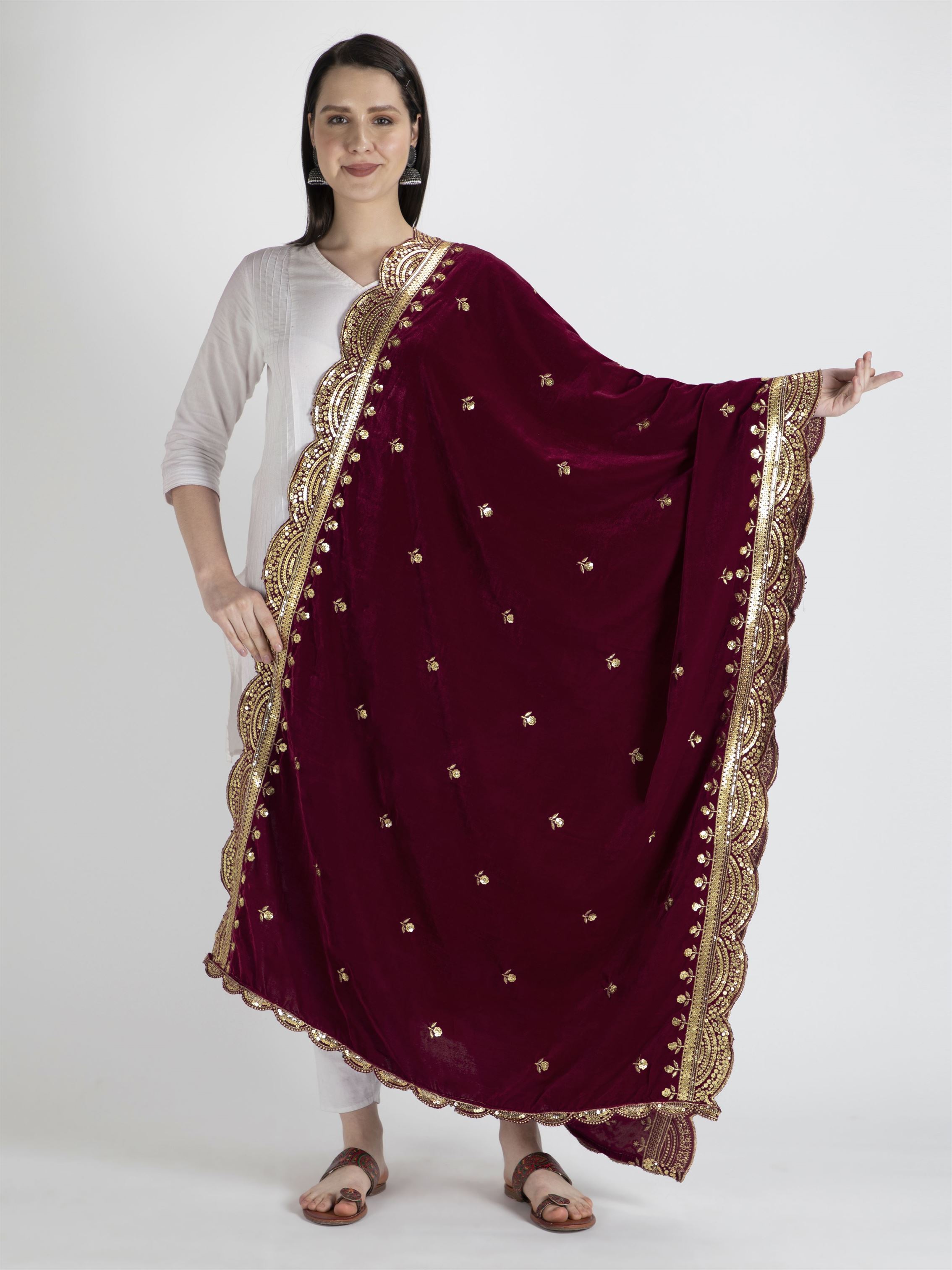 maroon embroidered velvet dupatta-MCRCVD7184-1