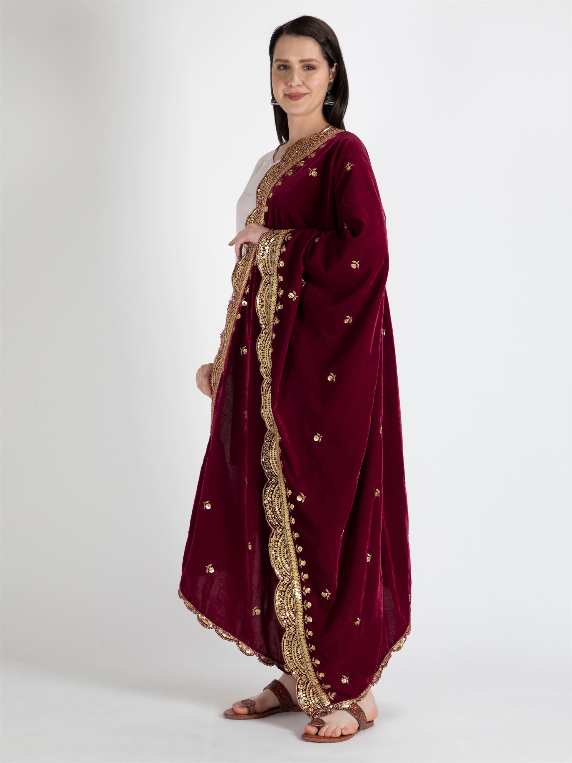 maroon embroidered velvet dupatta-MCRCVD7184-2