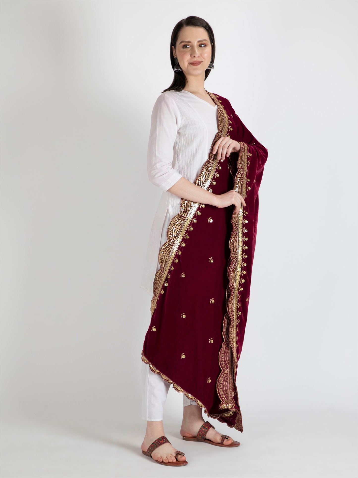 maroon embroidered velvet dupatta-MCRCVD7184-3