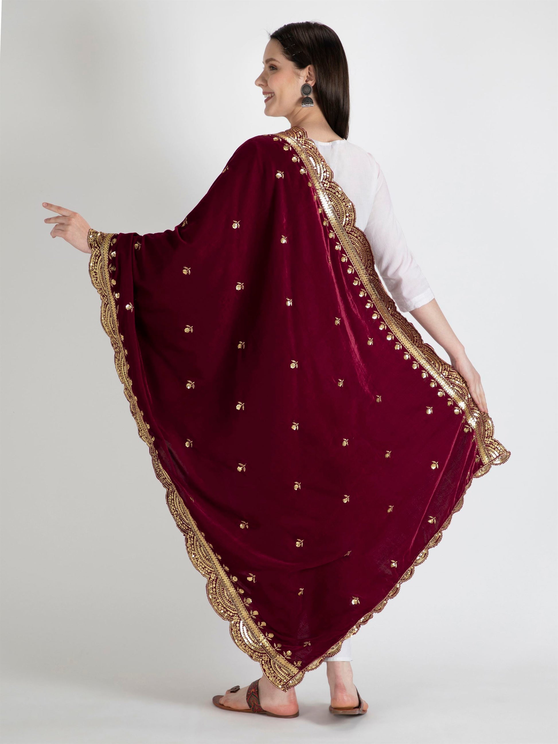 maroon embroidered velvet dupatta-MCRCVD7184-4