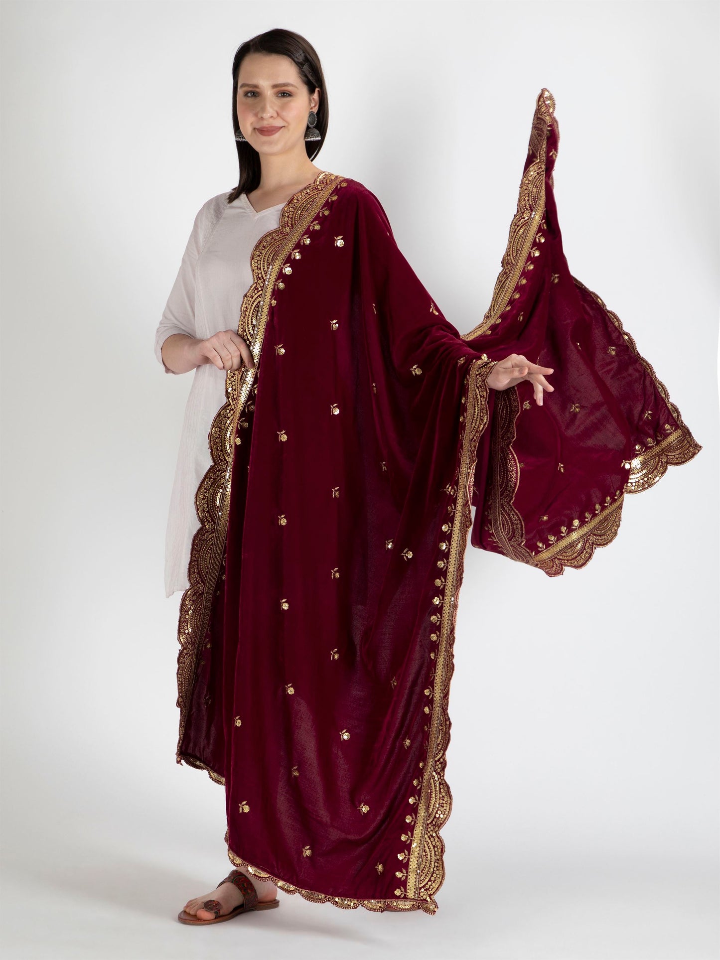 maroon embroidered velvet dupatta-MCRCVD7184-5