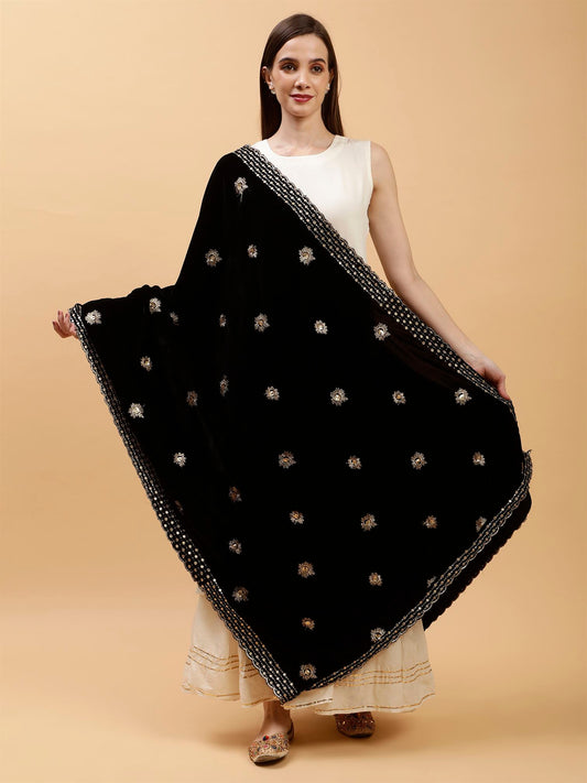 black sunflower design velvet dupatta-MCRCVD7421