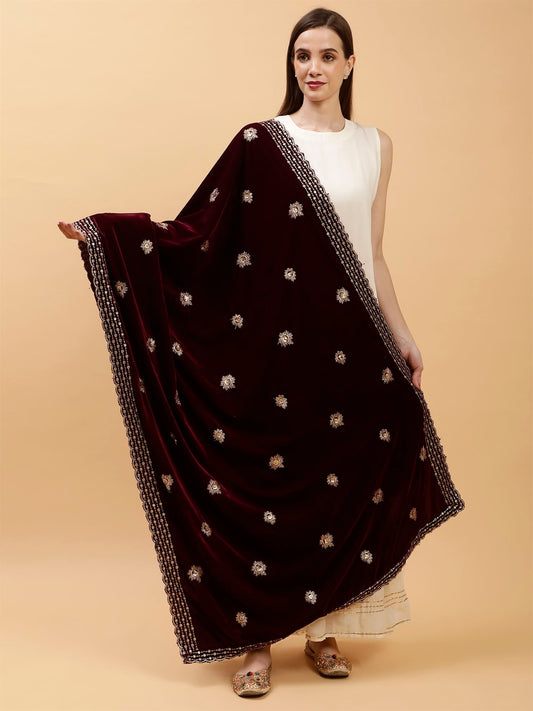 burgundy sunflower design velvet dupatta-MCRCVD7422