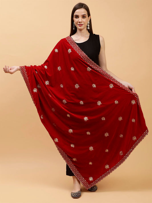 red sunflower design velvet dupatta-MCRCVD7423