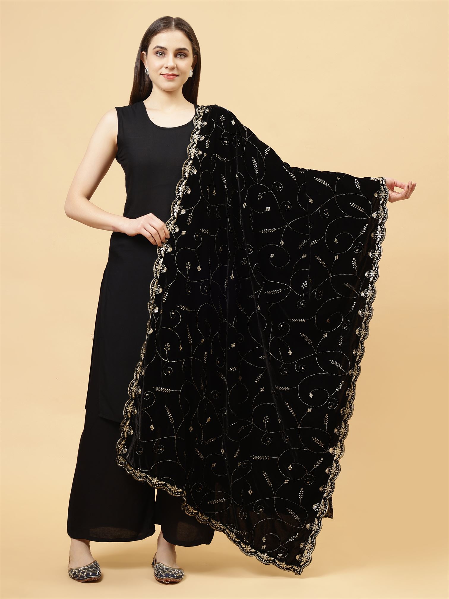 black leaf patern embroiderery velvet dupatta-MCRCVD7441