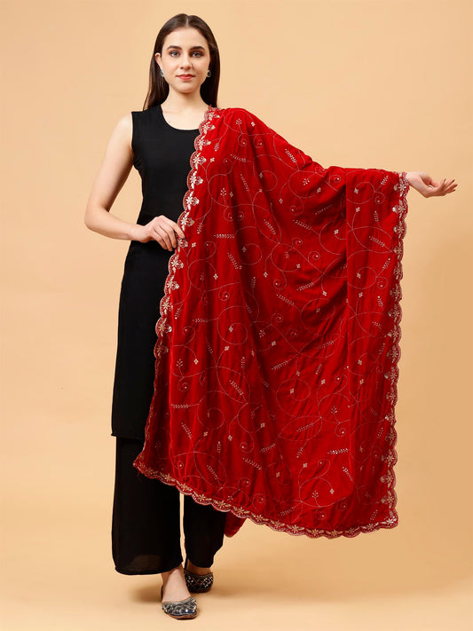 red leaf patern embroiderery velvet dupatta-MCRCVD7443