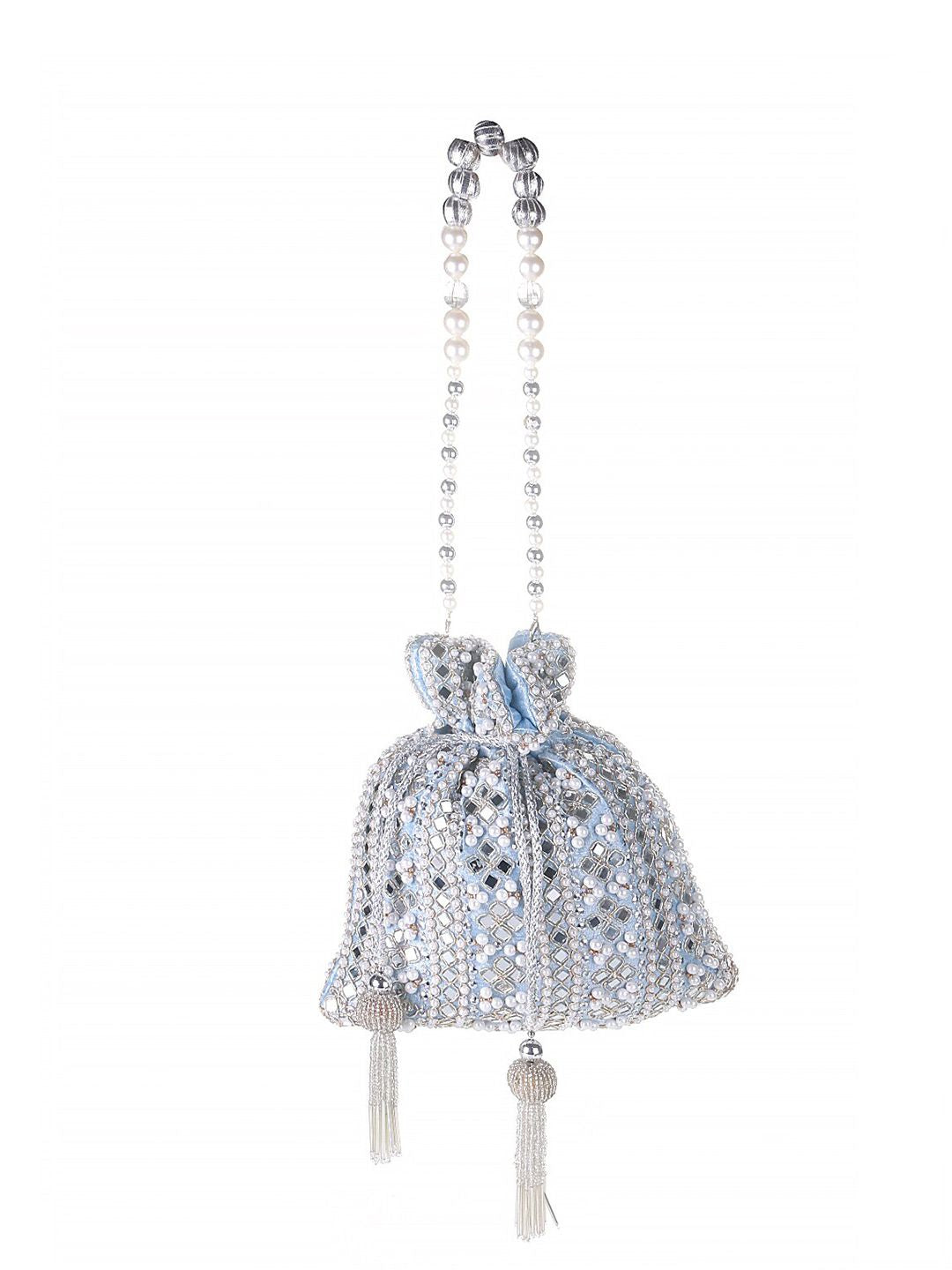 Celestia Mirror Embellished Potli Bag – Icy Blue Sparkle (9 x 8.5 in)