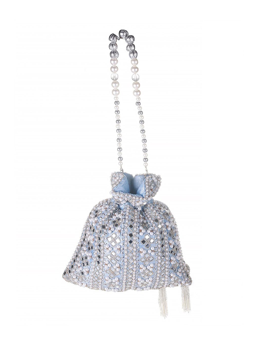 Celestia Mirror Embellished Potli Bag – Icy Blue Sparkle (9 x 8.5 in)