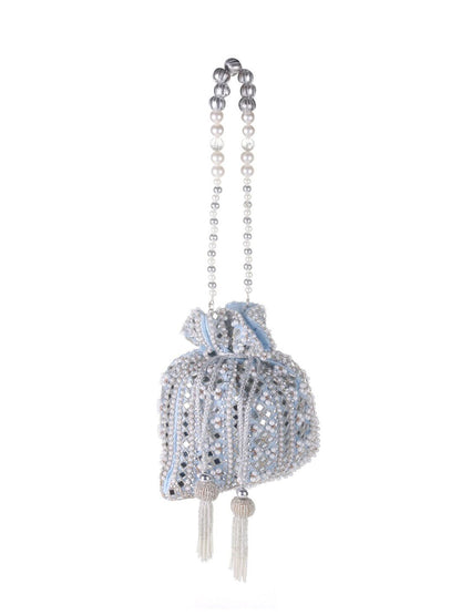 Celestia Mirror Embellished Potli Bag – Icy Blue Sparkle (9 x 8.5 in)