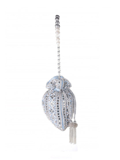 Celestia Mirror Embellished Potli Bag – Icy Blue Sparkle (9 x 8.5 in)