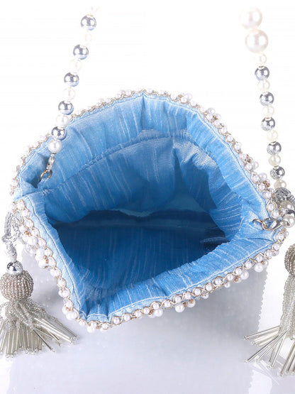 Celestia Mirror Embellished Potli Bag – Icy Blue Sparkle (9 x 8.5 in)
