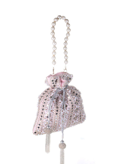 Roselia Mirror Embellished Potli Bag – Blush Pink Elegance (9 x 8.5 in)