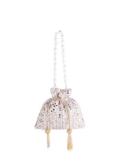 Ivory Lume Mirror Embellished Potli Bag – Golden Grace (9 x 8.5 in)