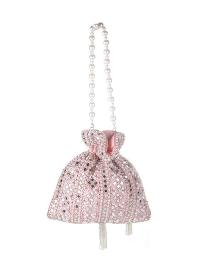 Peach Blush Mirror Embellished Potli Bag – Soft Radiance (9 x 8.5 in)