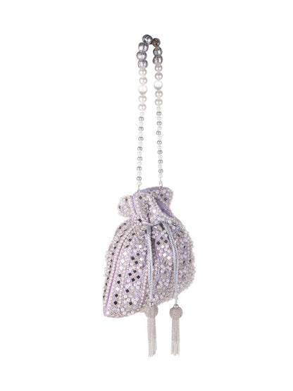 Lilac Frost Mirror Embellished Potli Bag – Lavender Luxe (9 x 8.5 in)