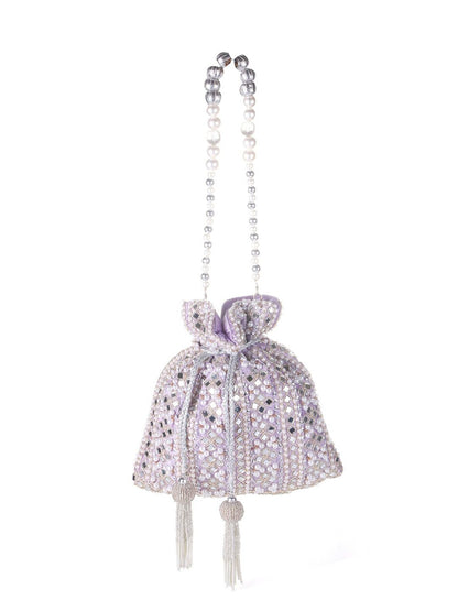 Lilac Frost Mirror Embellished Potli Bag – Lavender Luxe (9 x 8.5 in)